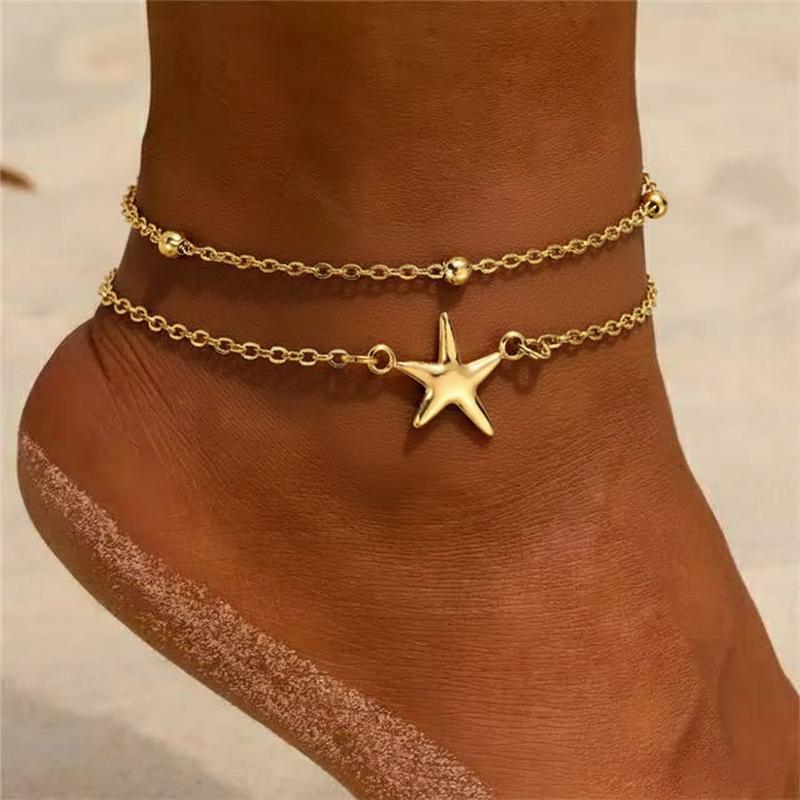 2026 New Stainless Steel Foot Chain for Women Minimalist Metal Five Pointed Star Double-Layer Anklets Seaside Vacation Zircon