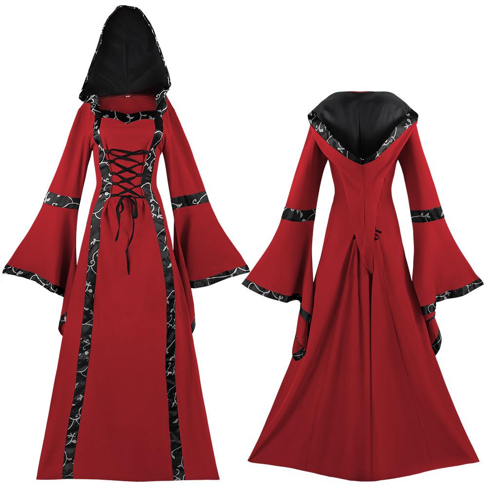 Medieval Clothing Retro Hooded Dress Square Neck Strap-up Flared Sleeve Big Swing Dress Performance Clothing
