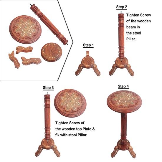 Sheesham Wooden Brass Carved Round Beautiful Carving Design Side Table Coffee Table Outdoor Table Living Room Furniture