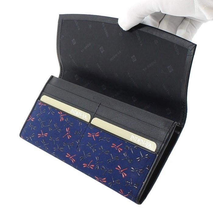 [Inden-ya] Wallet with Coin Purse, Deer Leather, Nagomi Dragonfly Pattern, Navy Ground with Black and Red Lacquer, 7516, 9cm x 19cm x 2.2cm