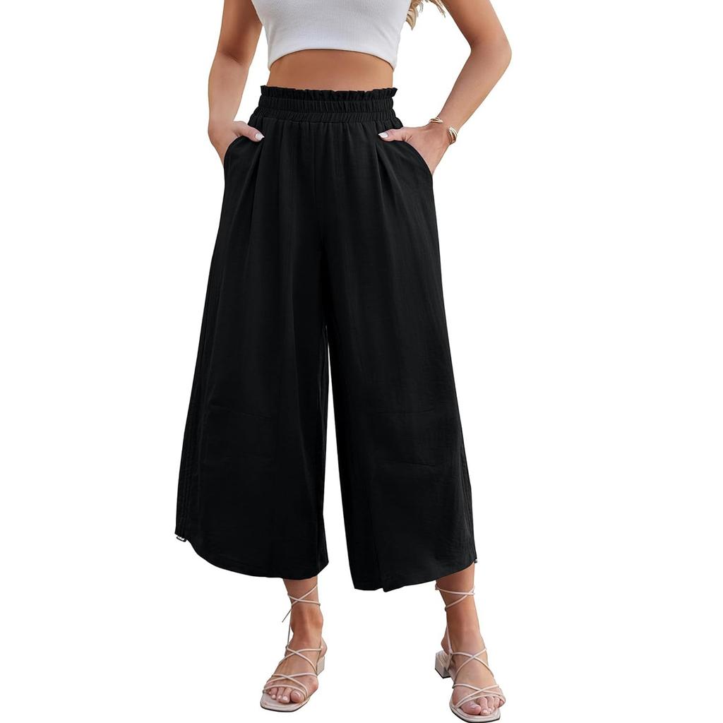 Women Elastic High Waist Pant Casual Fit Wide Leg Long Pants Trousers With Pockets