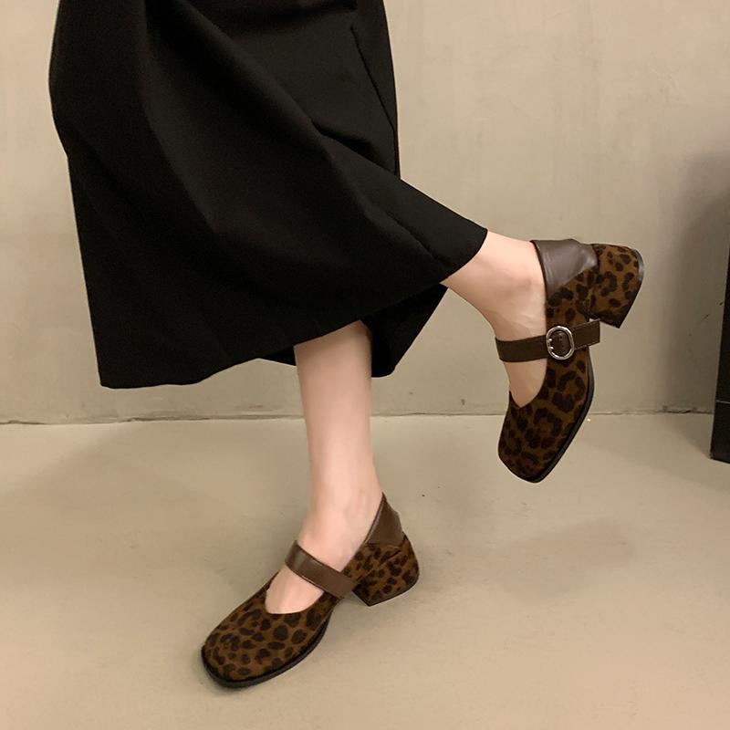 Fashion Vintage Square Toe Thick Heel Women Mary Jane Shoes Street Style Cosy Leopard Print Party Dress Female Pumps New Spring Autumn