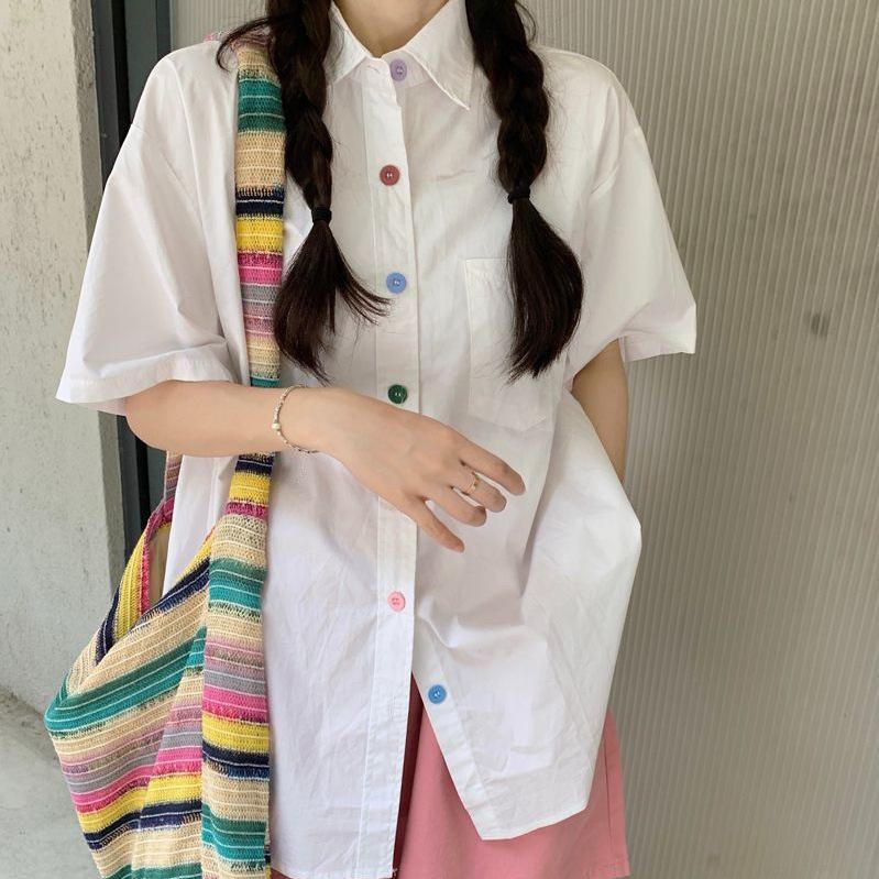 Summer New Niche Design Color Button White Shirt Women's Versatile Loose and Thin Short-sleeved Top