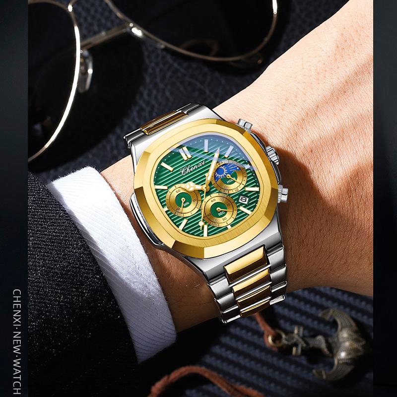 2025 Luxury Watch Men Business Fashion Waterproof Stainless Steel Chronograph Moon Phase Quartz Wristwatch Male Clock