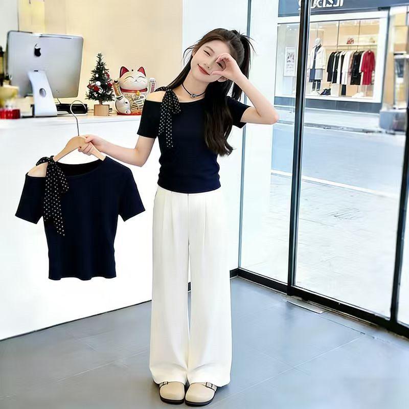 Modă de Vară pentru Fete Tricou Decoltat la Umeri cu Mânecă Scurtă Top Trendy pentru Copii Mari