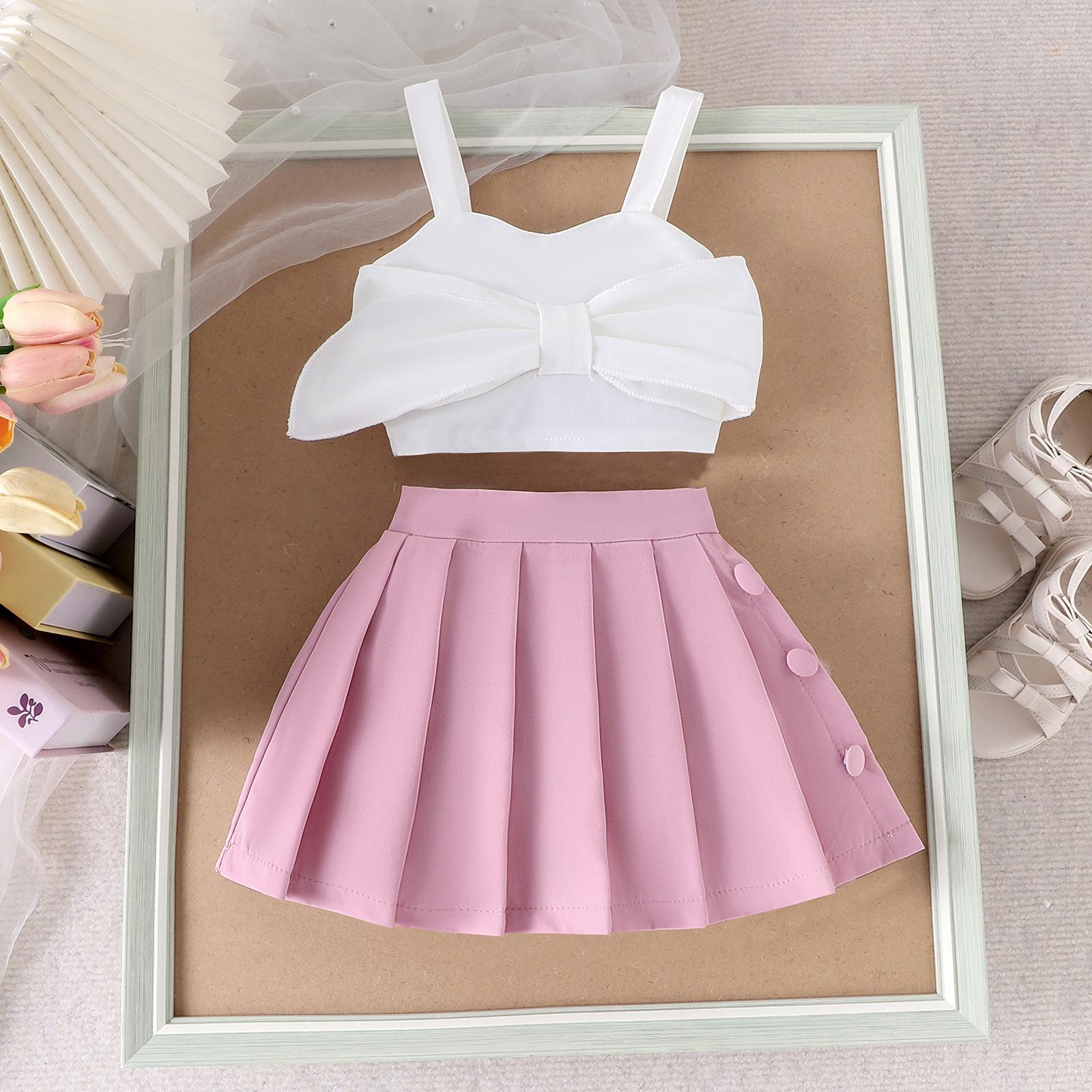 

Модный костюм для девочек, летний детский разноцветный костюм с бантом и бретелькой через шею, костюм с брюками и юбкой 2-3Y розовый