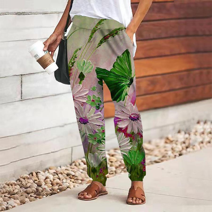 Women Flower Printing Pants Lace Up Elastic Waist Loose  Trousers Casual Long Pants Trousers with Pockets