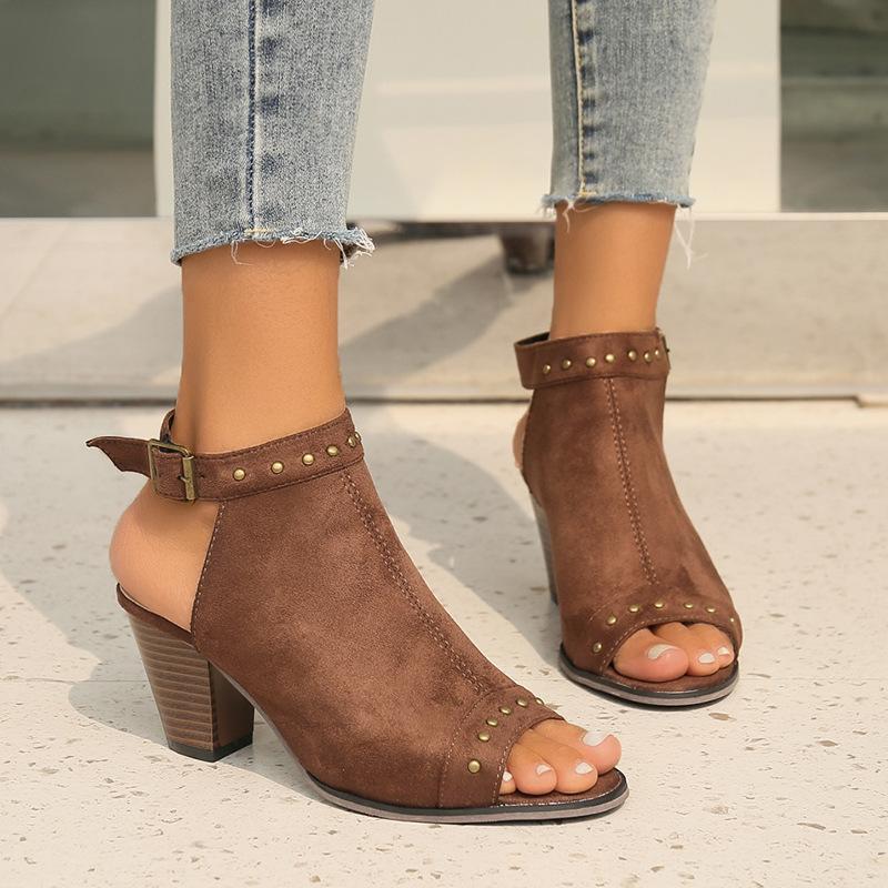 

2025 новые босоножки женские большого размера босоножки на высоком каблуке с леопардовым принтом заклепки с пряжкой на толстом каблуке женские босоножки 43 темно-коричневого