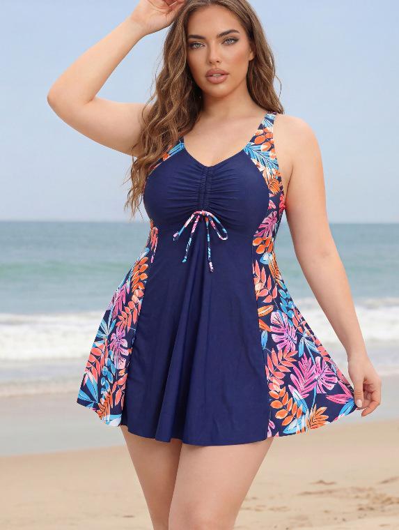 Plus Size Two-Piece Skirt Swimwear: Printed, Tummy Concealing, Slimming Boyshorts, Conservative Style, Ideal for Vacation or Hot Spring.
