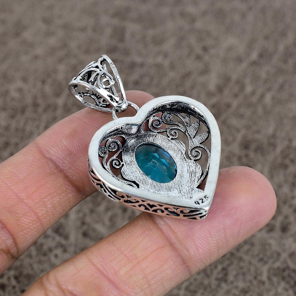 Blue Topaz Gemstone Handmade 925 Sterling Silver Jewelry Pendant 1.77" KKG-13