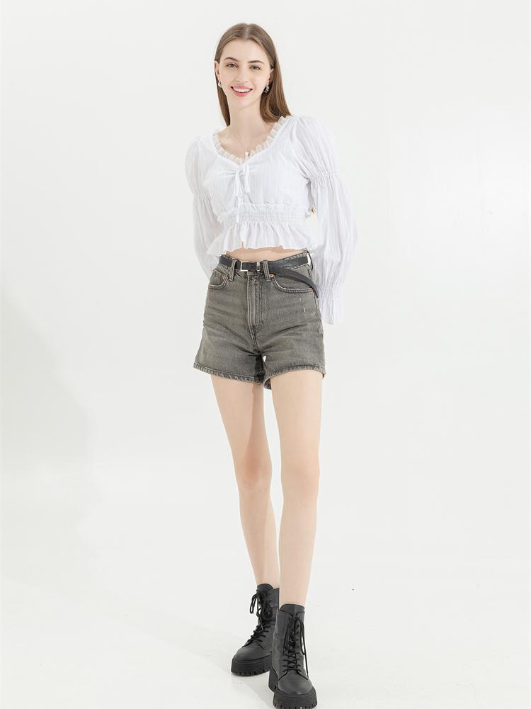 French Pleated Lantern Long Sleeve Shirt Women New Vintage White Square Collar Blouse Tops Female Korean Fashion Desidn Casual Clothing 2024