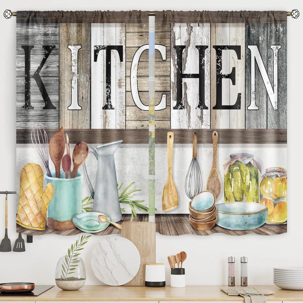 2pcs Farmhouse Kitchen Curtains Rustic Country Short Fork and Spoon Knife Savor Vintage Cafe Curtains For Bedroom Living Room