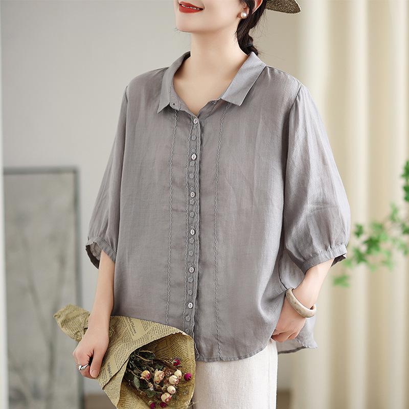 Summer Lantern Sleeve Short-sleeved Cotton and Linen Embroidered Literary Loose Shirt Blouse Women
