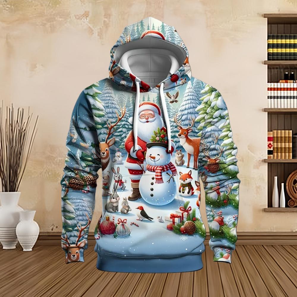New in Sweatshirts Christmas Santa with Snowman Graphic Print Men's Cozy Drawstring Long Sleeve Pullover Sweatshirt Hoodie Tops