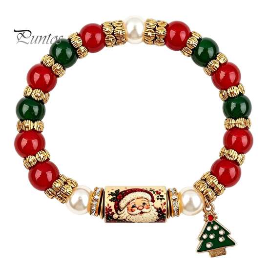 Festive Holiday Charm Bracelet Christmas Bracelet, Elastic Stretch Beaded with Xmas Jewelry Collection Tree Charm, Gifts for Women Men Santa Claus