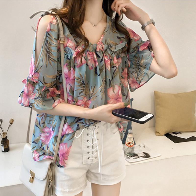 Women Printed Off Shoulder V-Neck Chiffon Loose Blouse Vintage Sweet Pagoda Sleeve Tops