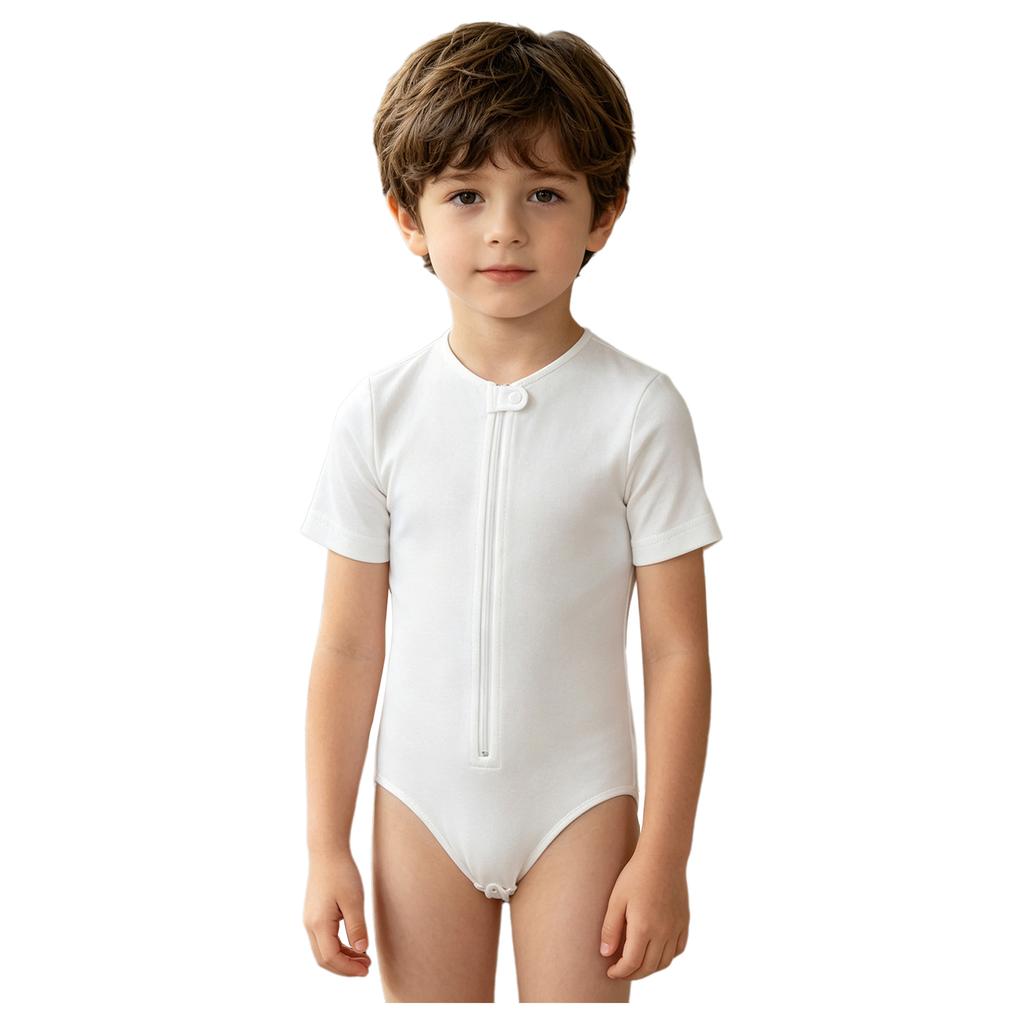 Body Adaptativo para Meninos com Necessidades Especiais Gola Redonda Manga Curta Zíper Frontal Botão de Pressão na Entreperna Collant