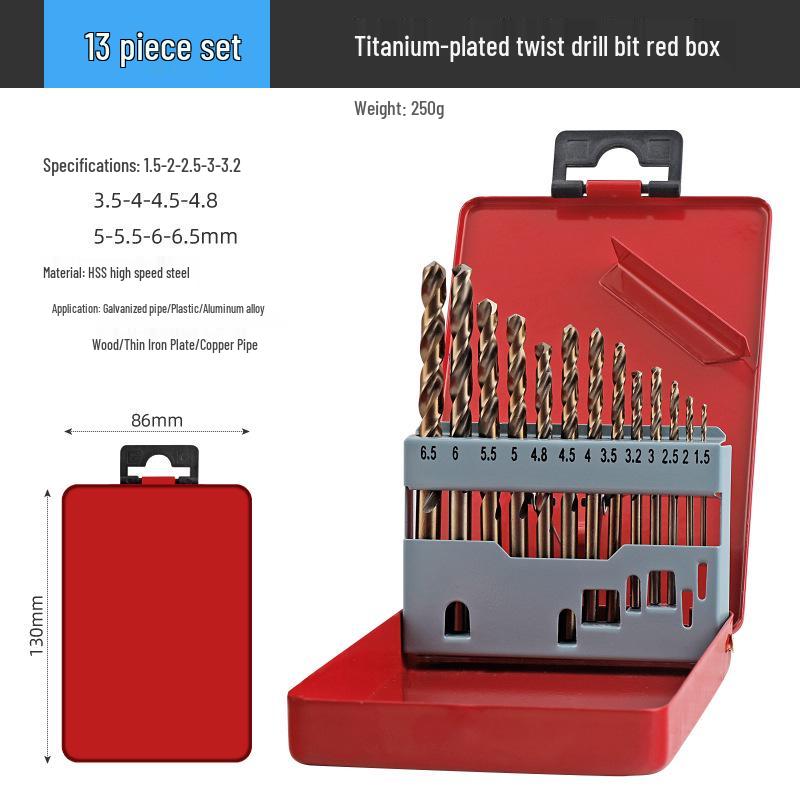 13-Piece High-Speed Steel Titanium-Plated Twist Drill Bit Set for Stainless Steel with Straight Shank