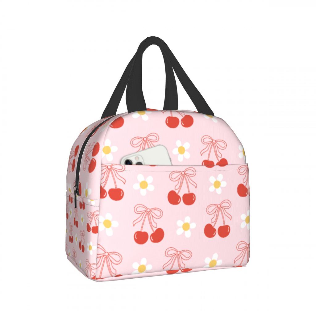 Cherry bow flowers Lunch Bag Waterproof Insulated Canvas Cooler Bag Thermal Cold Food Picnic Travel Tote for Women Children