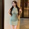 Women's Slim Fit Green Knit Tank Dress - Summer A-line Waist-Cinching Short Skirt