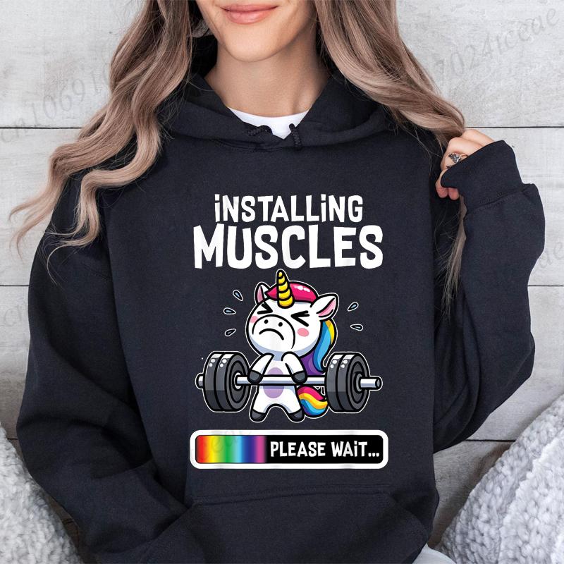 Installing Muscles Women Hoodies Fashion Casual Hoodies Funny Gym Unicorn Design Sweatshirts Fitness Workout Harajuku Sweatshirt