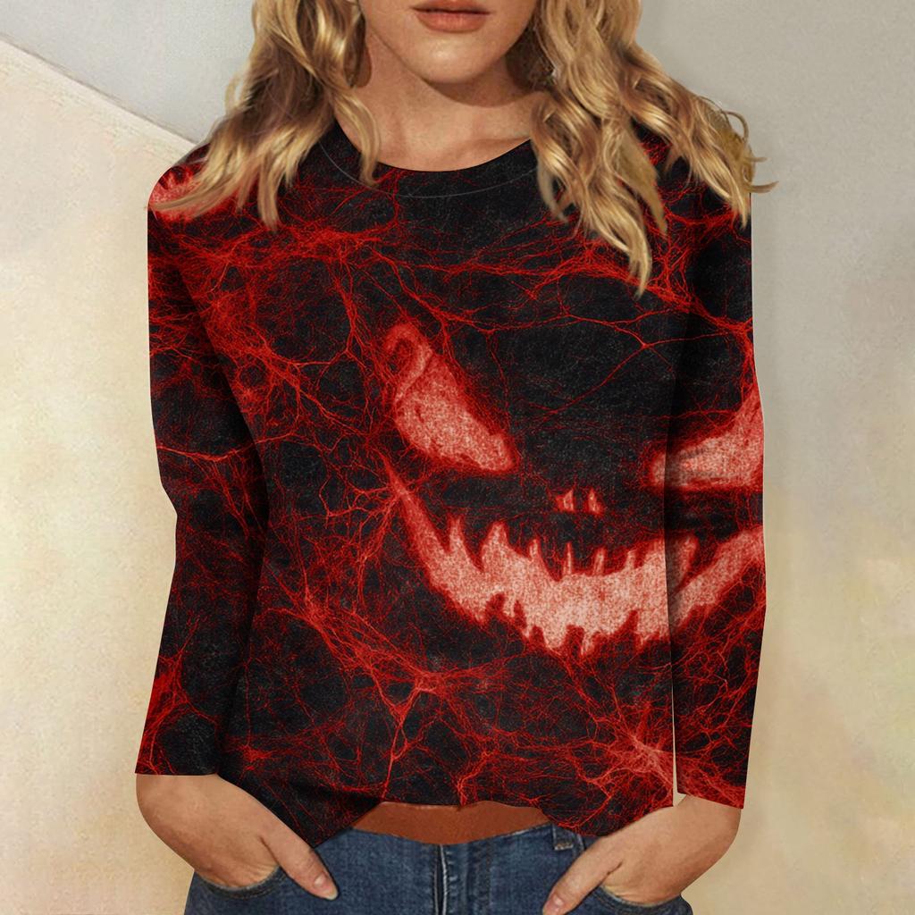 Women's Long-sleeved Loose-necked Halloween Print Casual Top, Suitable for Holiday Parties