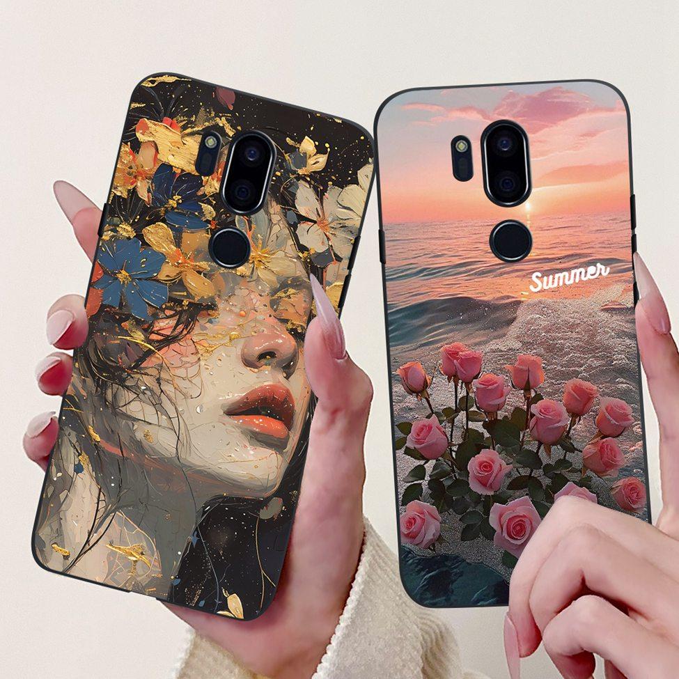 Para LG G7 ThinQ Funda Silicona Negra Gato Lindo Flores de Moda Trasera Pintada Genial Para LG G7ThinQ Funda de Teléfono LMG710EM