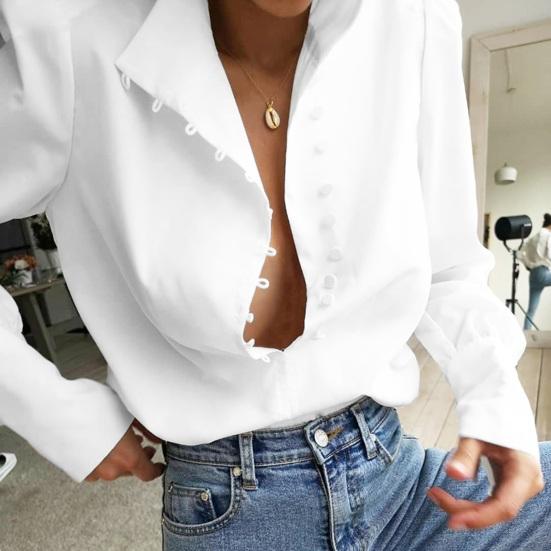 Yousheng Women Shirt Long Sleeve Stand-Up Collar Regular Fit Casual Shirt Buttons Half Placket Pure Color Office Lady Tops