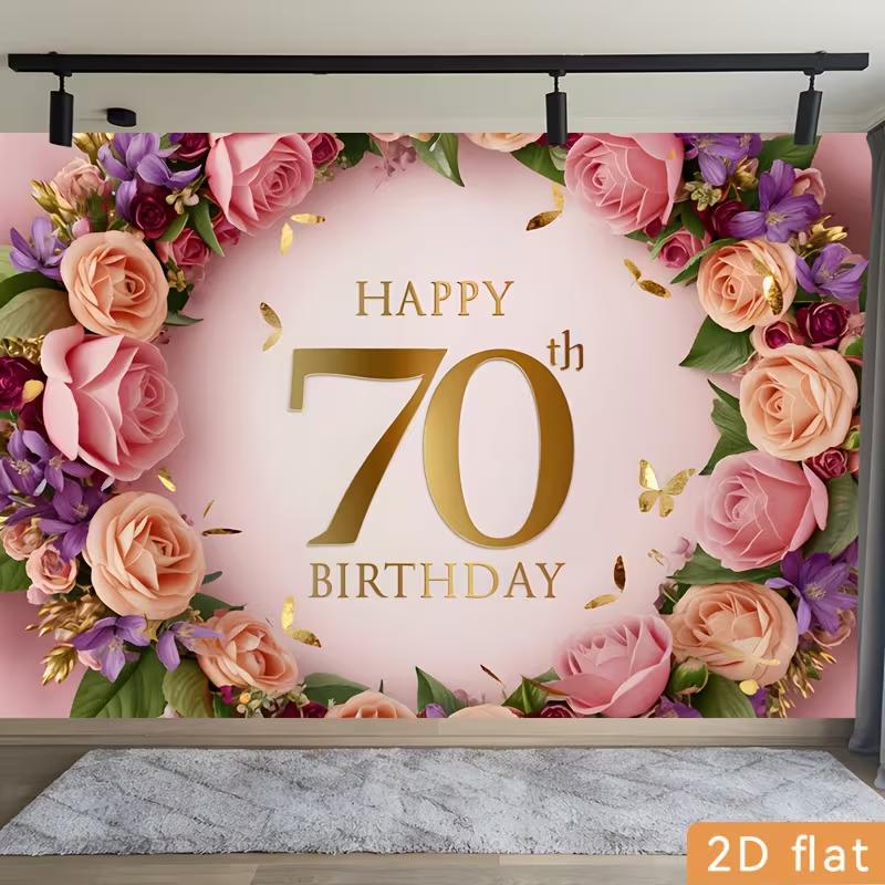 

2D Happy 70th Birthday Celebration Background, Rose & Gold Butterfly Decor 47.2x31.5inch/120*80cm