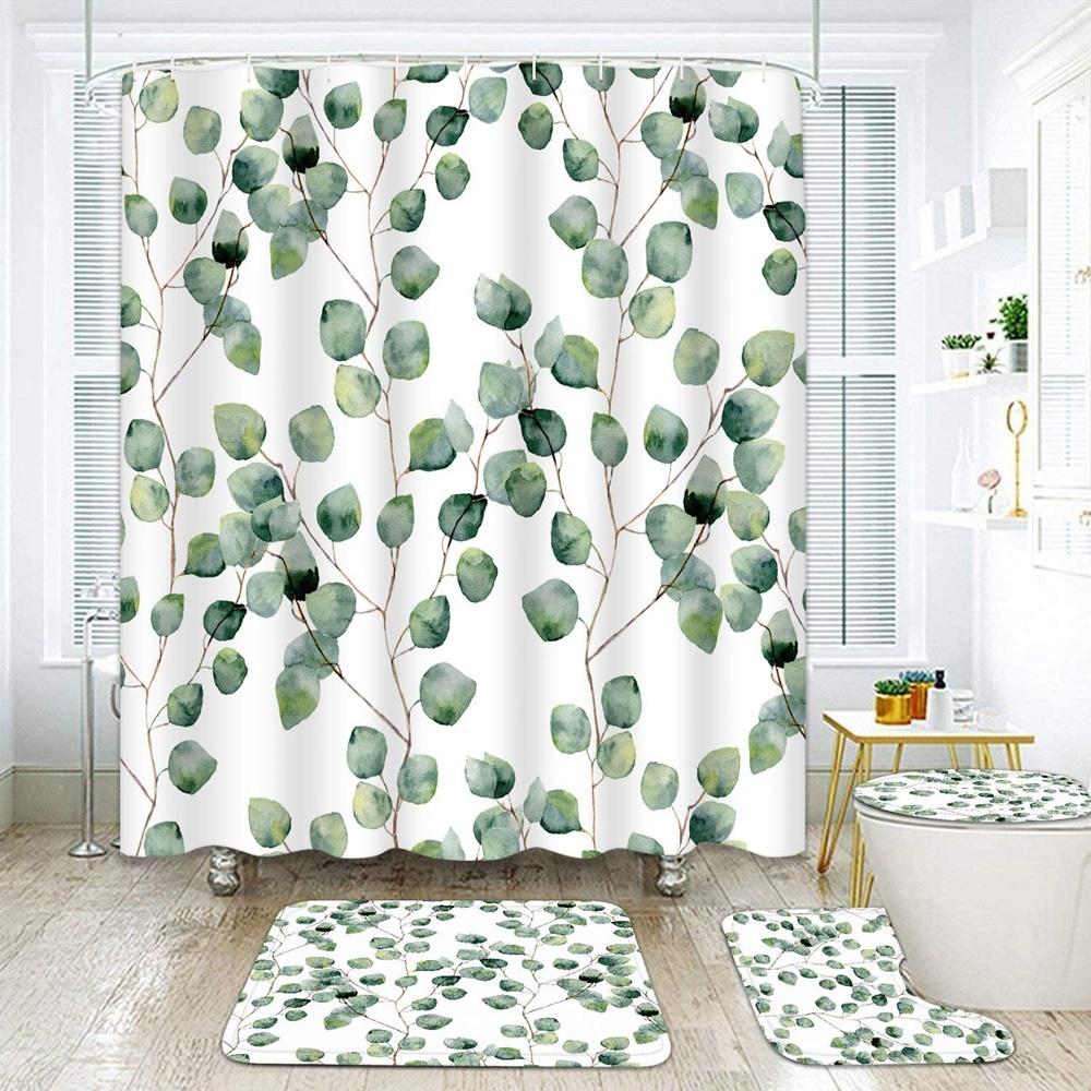 Green Leaves Shower Curtain Sets Spring Rural Plant Flower Bathroom Curtains Non-Slip Toilet Lid Cover Rug Baths Mats Home Decor