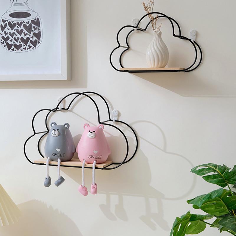 Nordic Style Home Wall Decoration Cloud Shape Shelf Creative Iron Wall Shelf Wooden Clapboard Children Room Decor Display Stand