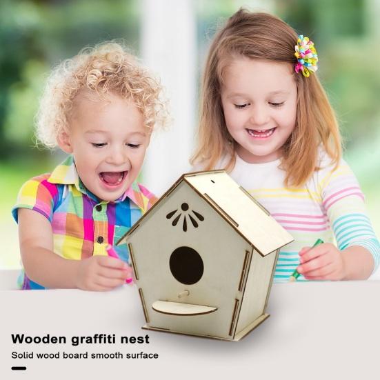 DIY Wood Birdhouse Kit Unfinished Log Home Craft Project with Safe Paint Wooden Crafts Boys And Girls Graffiti Bird Nest for Kids