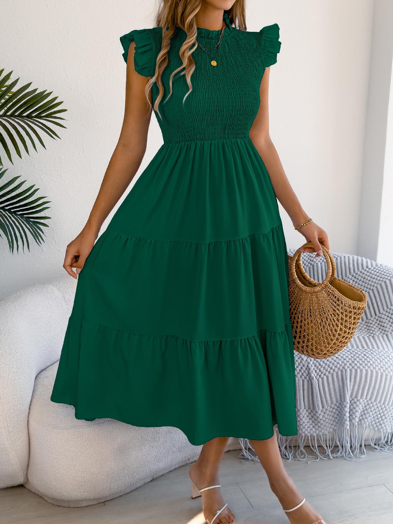 women s Ruffle Trim Smocked High Waist Midi Dress A Line Tiered Casual Summer Sundress S зелёный