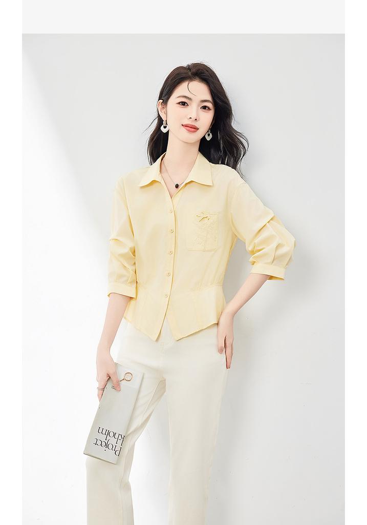 Relaxing commuting collar and waist cinching simple shirt