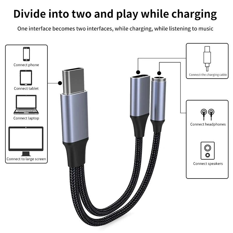 Type C To 3 5mm PD 60W USB AUX Cable Converter with 2 In 1 Headphone Jack Adapter Audio Cable for Huawei Earphone