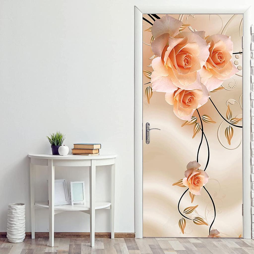 Rose Flower 3D Door Stickers Vinyl Art Sticker Poster Removable Self Adhesive Door Decal for Living Room Bedroom Bathroom Office