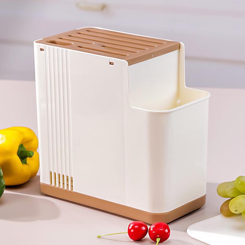 Kitchen Utensil Holder with Knife Slots Drainage Base Multifunctional Stackable Cutlery Organizer Rack for Small Kitchen Countertop коричневый