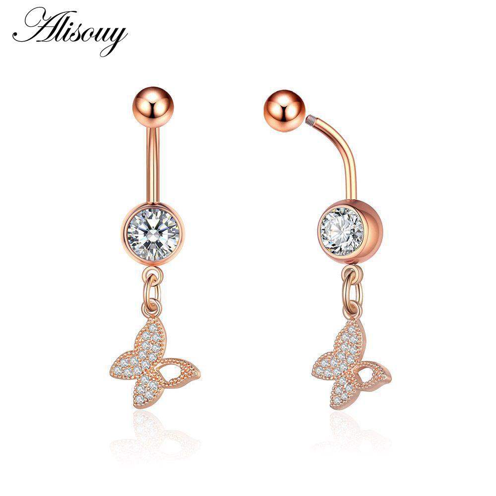 Alisouy 1pc Zircon Sexy Long Belly Ring Star Sun Moon Heart Navel Piercing Surgical Steel Women Belly Button Ring Navel Jewelry