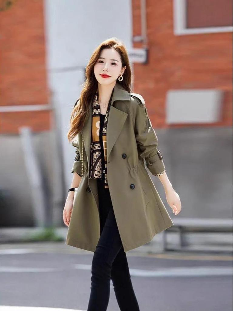 2025 Korean Style Plus Size Mid-Length Trench Coat - Women's Casual, Slimming, Trendy Fashion