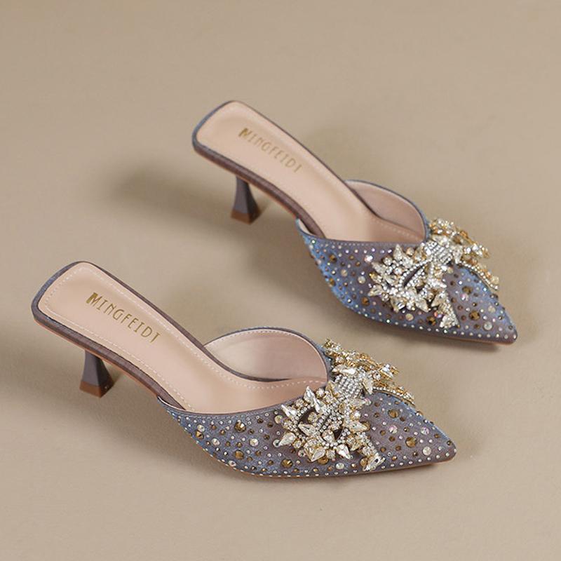 Women s Spring Summer Rhinestone Bow Half Slippers High Heels Pointed Toe Temperament Women Shoes Mules Slides 34