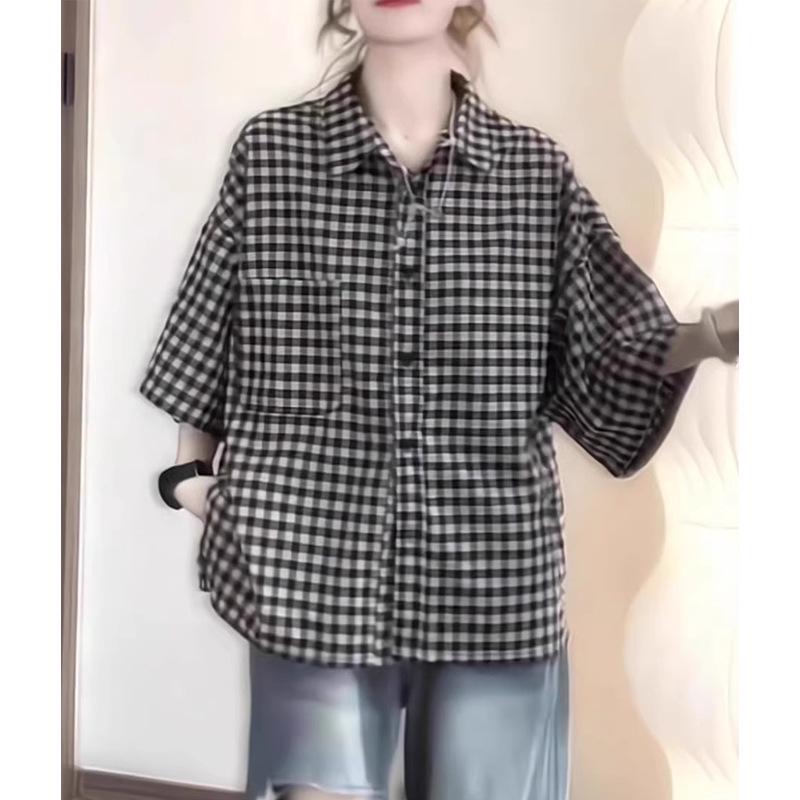Premium 2025 Women's Summer Plaid Short Sleeve Shirt - Elegant and Relaxed Fit
