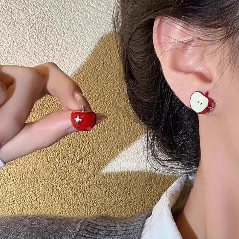 Y2K Cute Harajuku Cartoon Red Apple Fruit Stud Earrings for Women 2026 Trendy Vintage Aesthetic Earrings 2000s Jewelry Decor