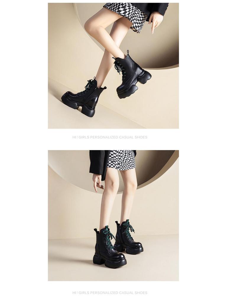 Women's Genuine Leather British-Style Ankle Boots - Versatile Autumn/Winter Fashion with Thick Sole and Inner Height Adjustment