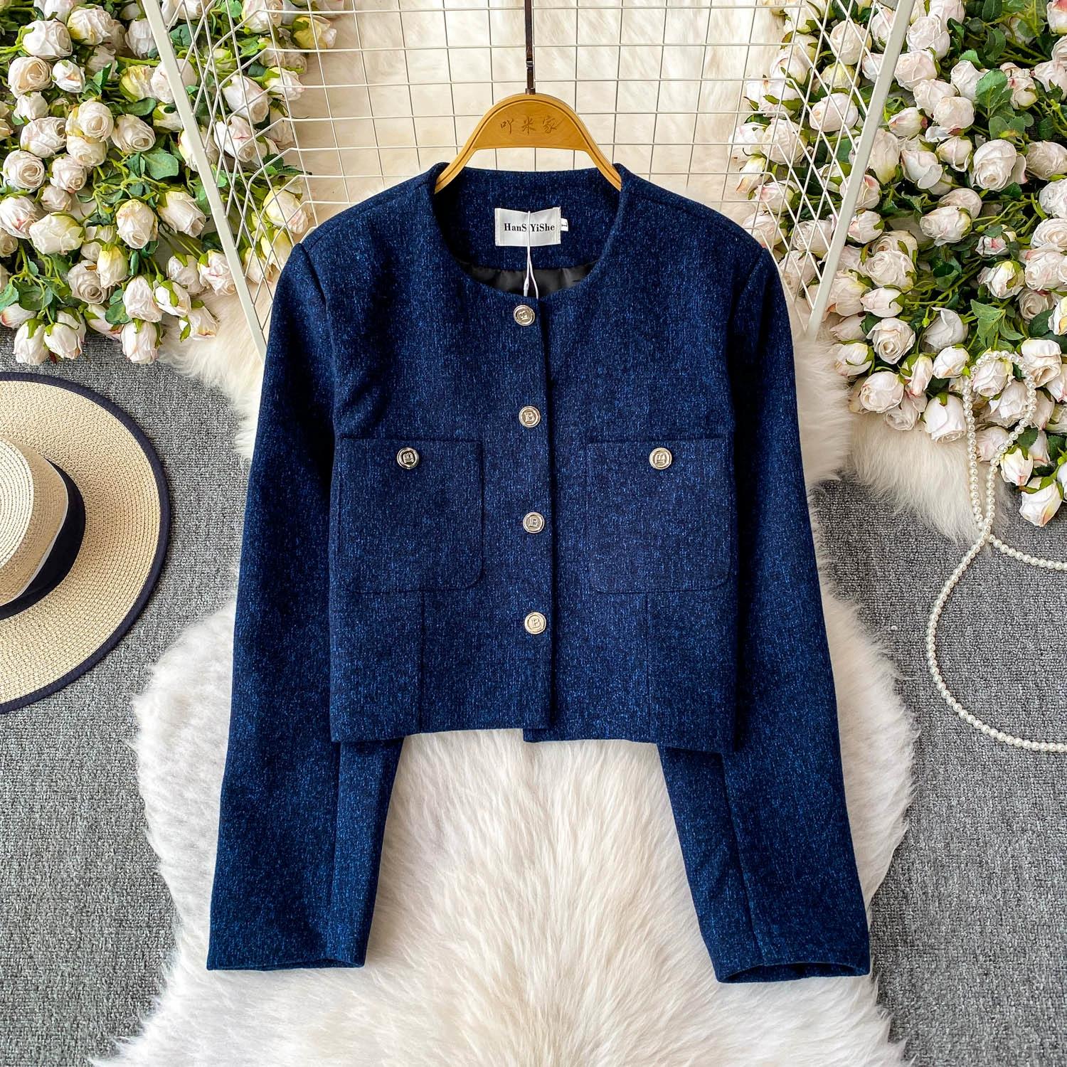 

Autumn Winter Women Elegant Full Sleeve Single Breasted Tweed Short Jacket Coat with Pocket M темно-синього кольору