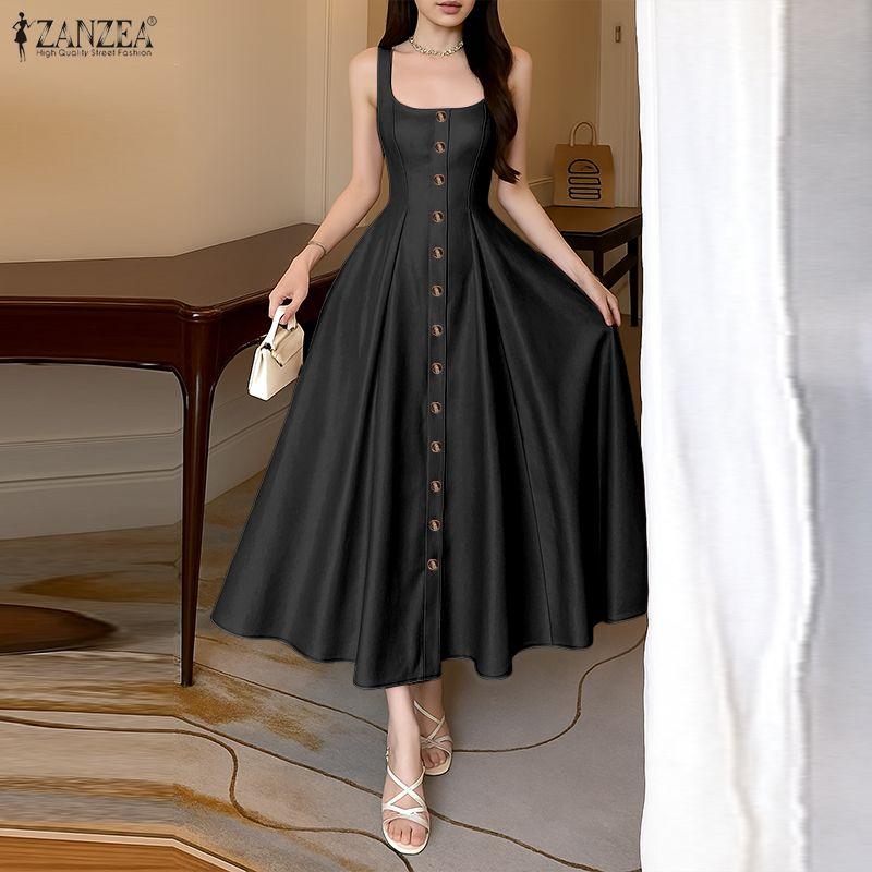 ZANZEA Women Casual U-Neck Sleeveless Elegant A-Line Dress S чёрный
