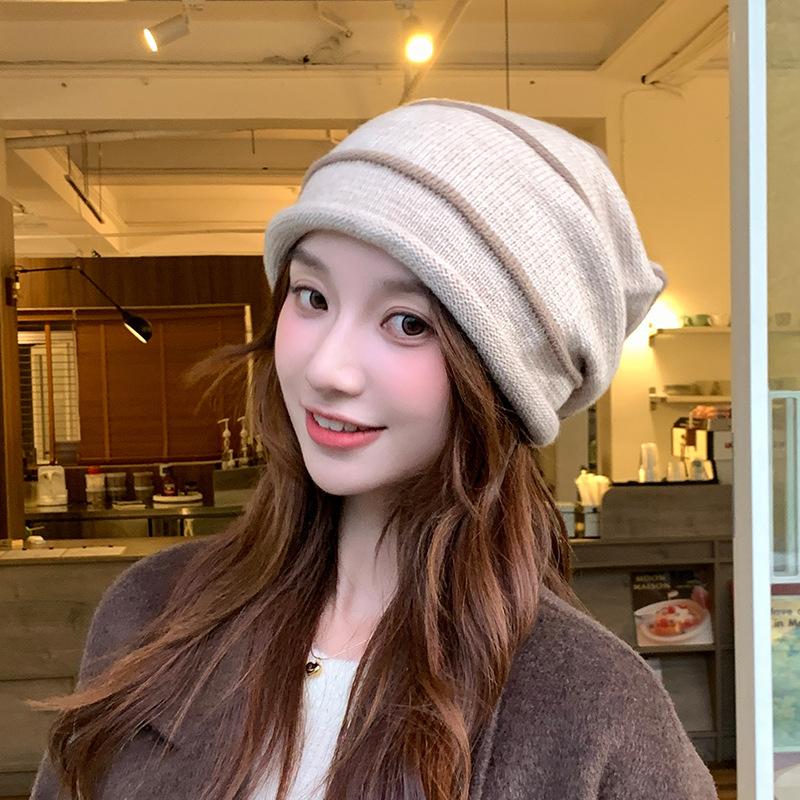 Curly Striped Woolen Hat for Women In Spring and Autumn Breathable and Versatile Pullover Knitted Hat Cold Proof and Warm, Ear-protecting Pile Hat