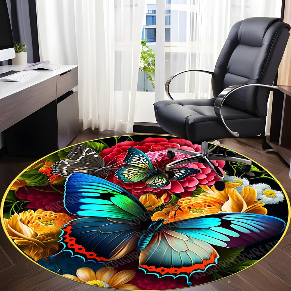 1pc Butterfly Garden Decor Chair Carpet for Office, Round Polyester Mat, Indoor Decor for Office, Easycare Fabric, Washable Non-slip Area Carpet