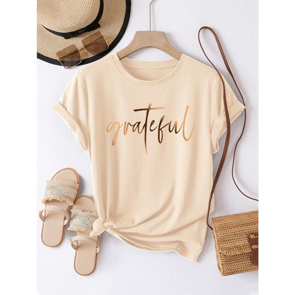 Grateful Rose Gold Script Women's Tee Minimalist Gratitude Graphic Casual Everyday Top