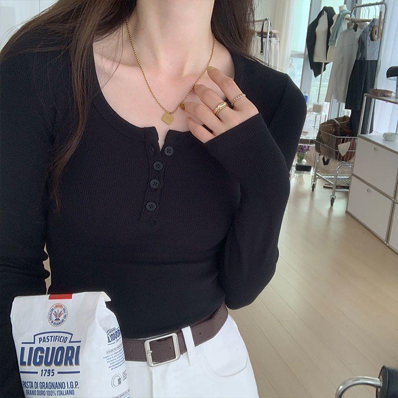 American-Style Button-Down Half-Open Collar Long-Sleeve Slim Fit Korean Base Layer Top