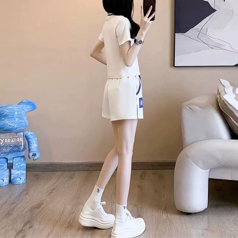 White Leisure Sports Set Women's Summer Western Style Slim Fashion Trend Short Sleeve Shorts Two Piece Set